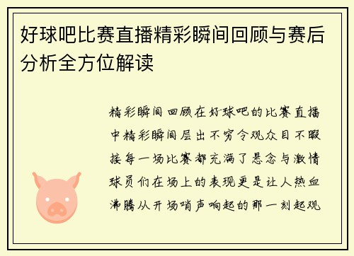 好球吧比赛直播精彩瞬间回顾与赛后分析全方位解读